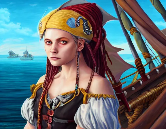 Image similar to painting of an old pirate queen standing on her ship. she is kind, wise, fierce. her swords are at her side. a young girl stands next to her, smiling. lush detail and color. fantasy, anime illustration, intricate, sharp focus, 8 k resolution, frostnine engine