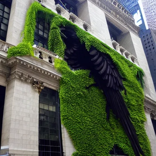 Prompt: new york stock exchange covered in jungle vines with a giant steampunk raven