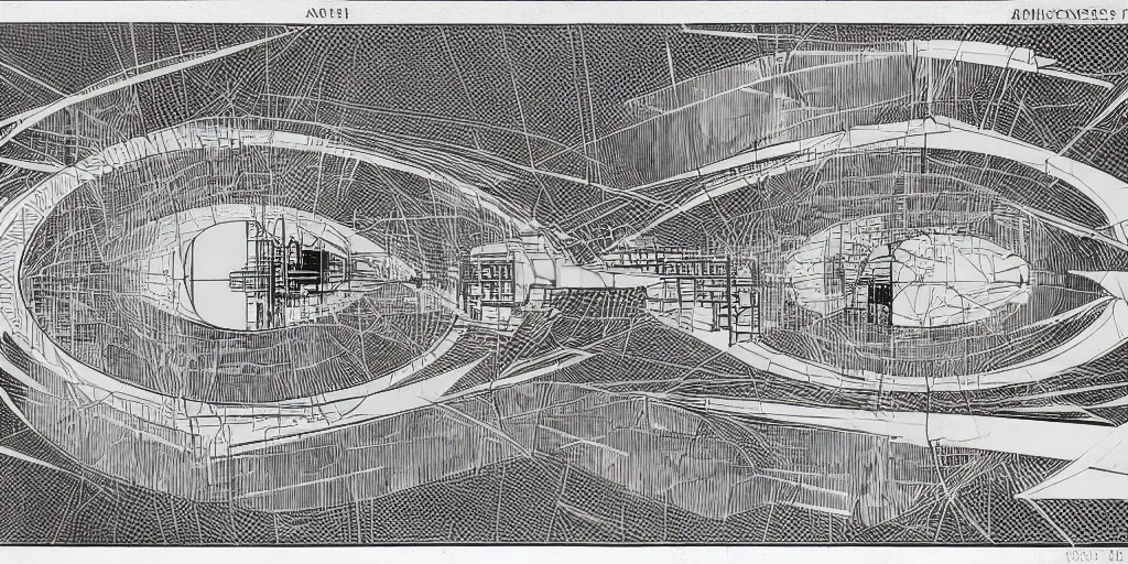 Prompt: architectural schematics of a 2950 science fiction space port in paris, drawn by Ed Wood Jr, in the style of Bauhaus
