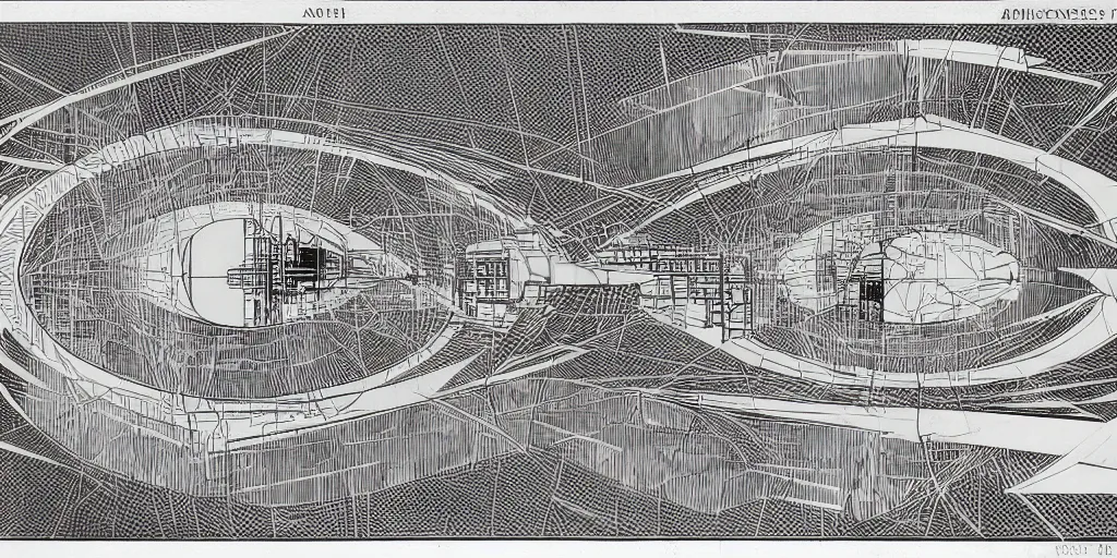 Image similar to architectural schematics of a 2950 science fiction space port in paris, drawn by Ed Wood Jr, in the style of Bauhaus