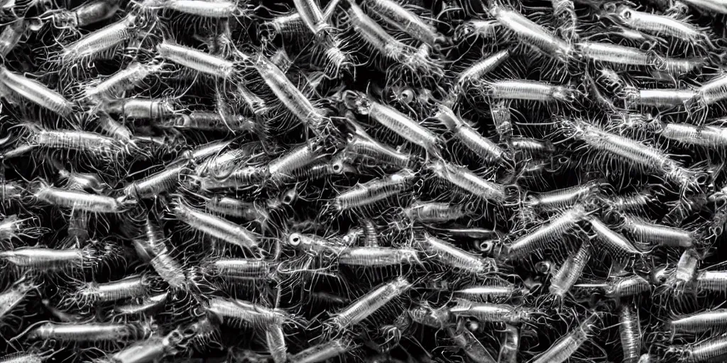 Prompt: Silverfish - stack of 15 shots in helicon focus shot with Sony A9 and Laowa 25mm 2.5-5x at 2.5x, 1_200s, f8 and ISO8000 on black acrylic in black background