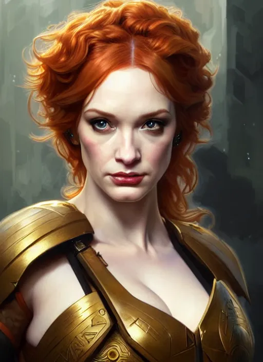 Prompt: valkyrie portrait of christina hendricks, beautiful face, highly detailed face!!!, extremely detailed!, digital painting, unreal engine 5, art by artgerm and greg rutkowski and alphonse mucha