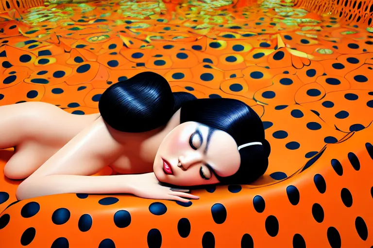 Image similar to realistic detailed image of a geisha laying down in a padded room, conjuring psychedelic background, part by yayoi kusama, part by ross tran, part by james jean, ultra realistic, highly detailed, life like face, detailed body, 8 k, octane render, trending on artstation, very cohesive, masterpiece