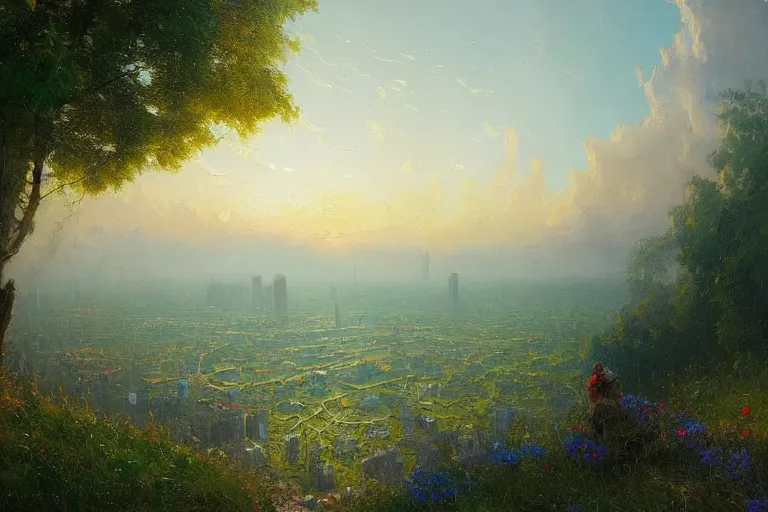 Image similar to a beautiful oil painting of bucharest with impressionist in a serene landscape above with a horizon line in the upper third by john howe and albert bierstadt and alena aenami and dan mumford and dave noton, unreal engine, trending on behance