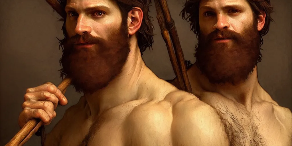 Image similar to renaissance painting upper body portrait of a gruff man, a ranger with wooden staff, lean and toned, handsome face, hairy chest, intricate, elegant, highly detailed, digital painting, artstation, concept art, matte, sharp focus, illustration, art by da Vinci, Artgerm and Greg Rutkowski and Alphonse Mucha