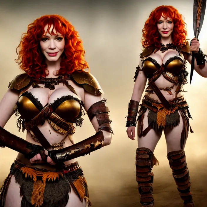 Prompt: professional full length photograph of christina hendricks as a amazon warrior. Extremely detailed. 8k
