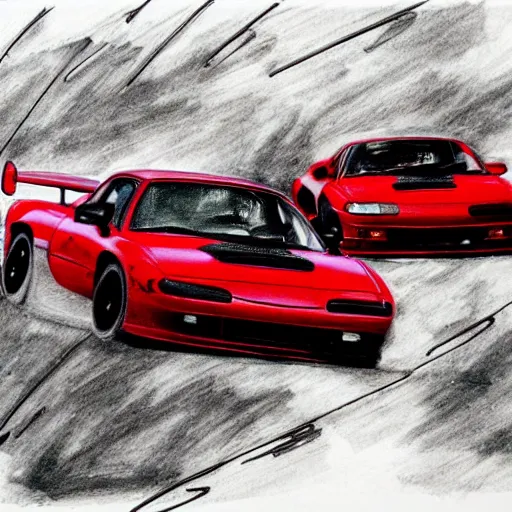 Image similar to pen ink drawing black red 1999 FD RX-7 front side view dynamic racing motion blur Shuichi Shigeno and Michiharu Kusunoki