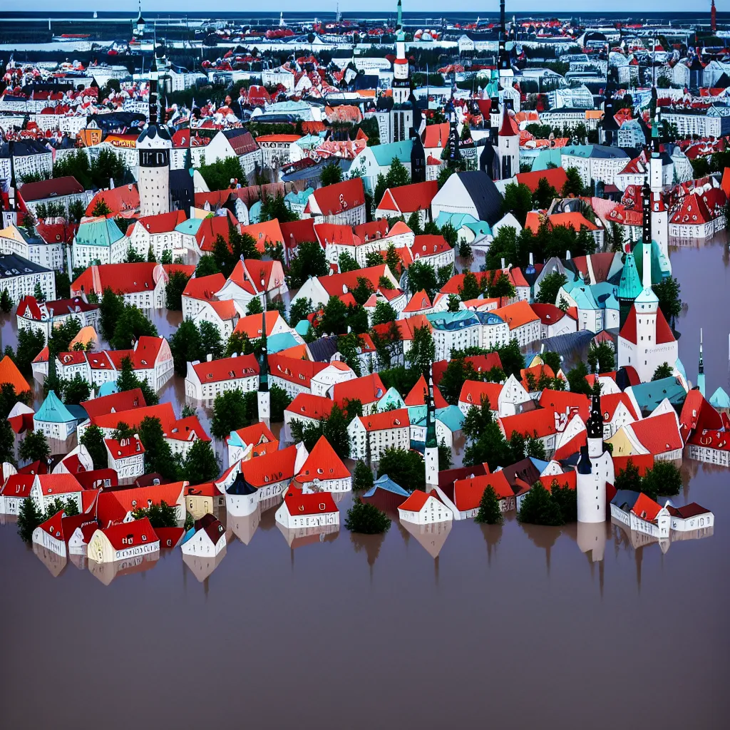 Prompt: Tallinn, capital of estonia, suffering from floods from the sea due to climate change in the year 2100, street photography by Henri Cartier-Bresson, ultra detailed, 8k,