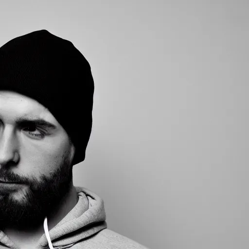 Image similar to a guy in a black hoodie in front of a plain white background, black and white