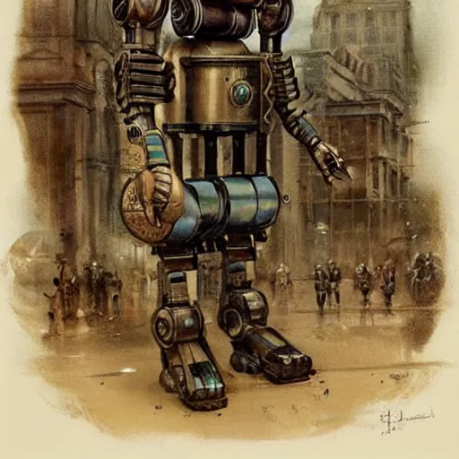 Image similar to (((((((((((giant retro human shaped robot steampunk))))))))))) . muted colors. by Jean-Baptiste Monge !!!!!!!!!!!!!!!!!!!!!!!!!!!!!!!!!!!!!!!!