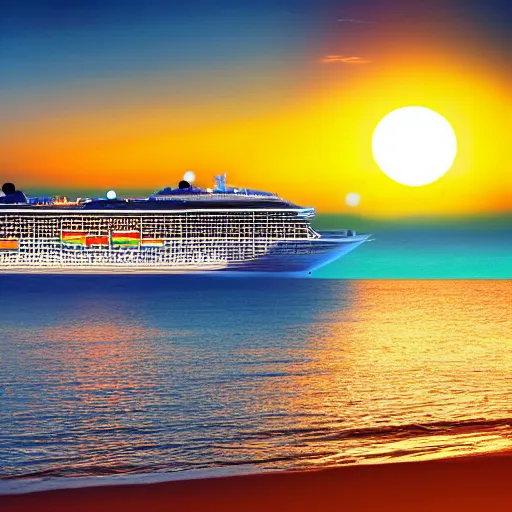 Prompt: a cruise ship chilling on the beach, sunset, vaporwave