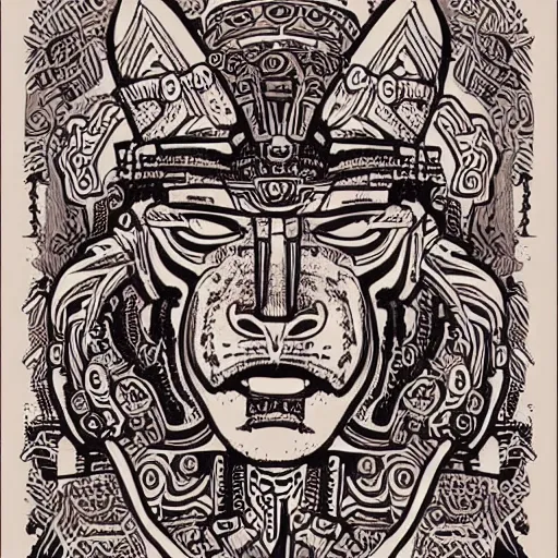 Image similar to illustration of mayan jaguar warrior, sullen, showing irritation or ill humor by a gloomy silence or reserve. in colors # 1 1 3 4 a 6, # 7 3 c 2 fb, # 6 6 9 3 fs, # 9 8 fb 9 8, # 0 1 7 9 6 f, by studio multi and victo ngai, malika favre