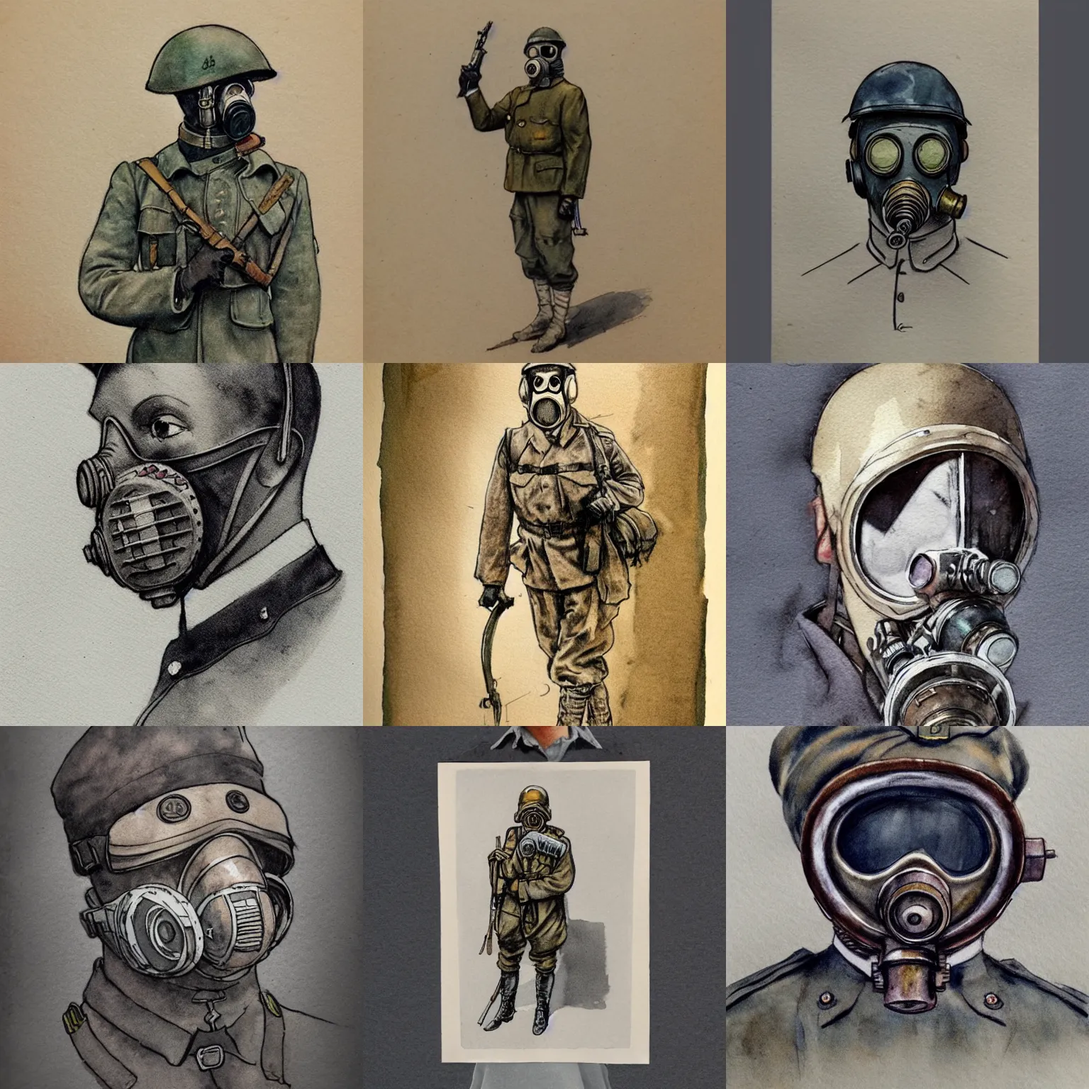 Prompt: beautiful aesthetic inspirational masterful professional ink pen and watercolor sketch of a 1 9 1 0 s soldier in gas mask, ultra detailed, fine details, trending on artstation, high quality paper