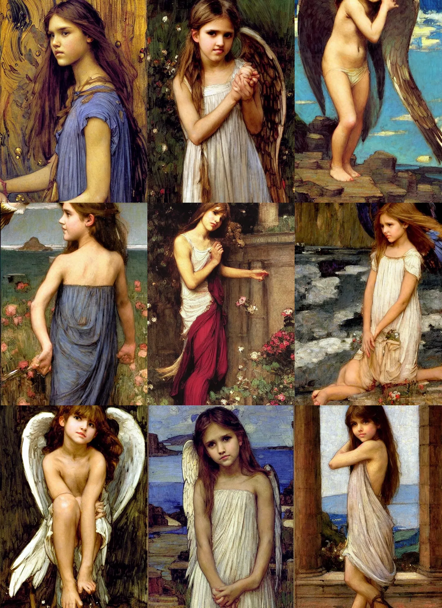 Prompt: barefoot jessica alba girl angel, william waterhouse, a 1 9 th century oil painter, greek mythology characters