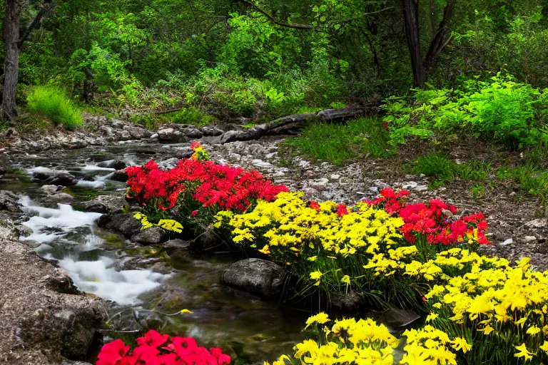Prompt: colorful flowers growing next to a gentle creek, high resolution