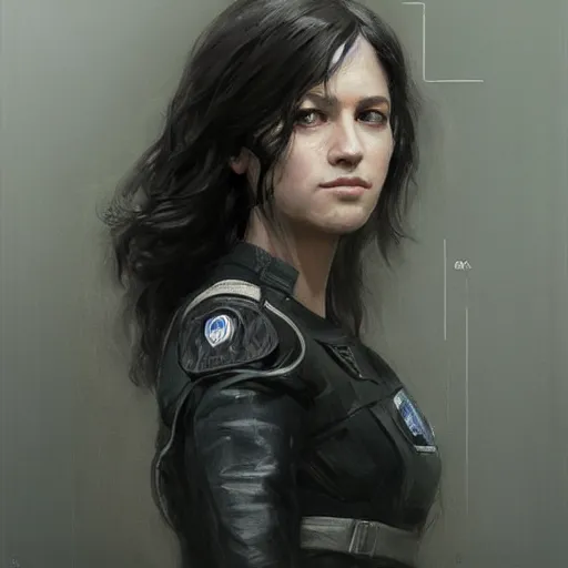 Prompt: Portrait of a woman by Greg Rutkowski, she is about 30 years old, black wavy hair with bangs, her features are a mix between French, Turkish and Russian, younger sister vibes, she is wearing a futuristic police gear, highly detailed portrait, digital painting, artstation, concept art, smooth, sharp foccus ilustration, Artstation HQ.