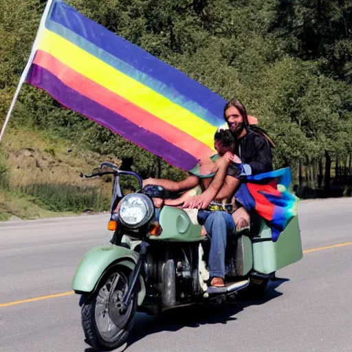 Prompt: a photograph of jesus riding a motorcycle with a rainbow flag on the back and a guy in the sidecar