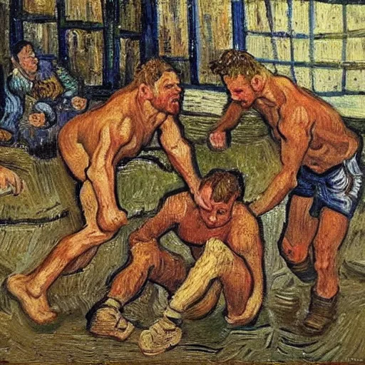 Image similar to 3 drunks fall over mud - wrestling,, oil painted ( ( ( ( ( ( by van gogh ) ) ) ) ) )