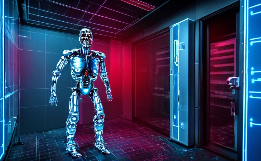 Prompt: high detailed terminator without flesh, staying in front of data center room. extreme long shot, 1 6 mm, cold neon light, high detail, cinematic colors, sharp