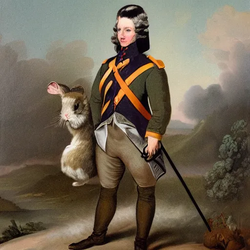 Image similar to a painting of a rabbit wearing Continental Army Uniform of an officer