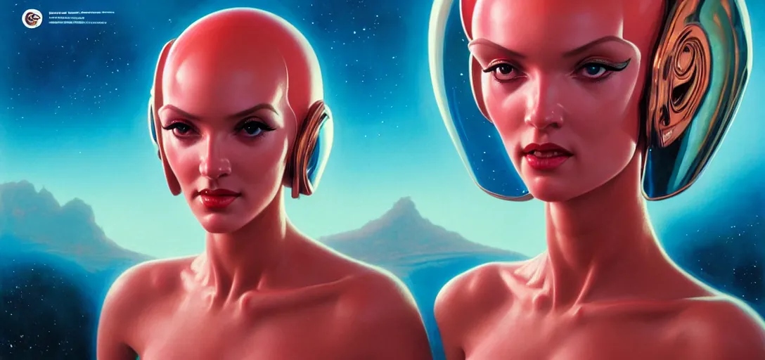 Image similar to face of a cute alien girl wearing shiny plastic armor in the style of roger dean and alberto vargas and stefan kostic, realistic, photoreal, sharp focus, 8 k high definition, insanely detailed, intricate, elegant, art by greg rutkowski and artgerm, extreme blur coral reef background