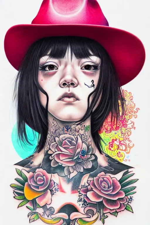 Image similar to full view of girl with tattoos wearing cowboy hat, style of yoshii chie and hikari shimoda and martine johanna, highly detailed