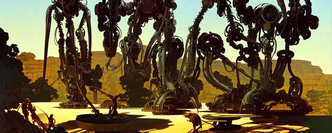 Prompt: natural american landscape | robot repairing another robot, painting by syd mead and weta studio, alphonso mucha, james jean, frank frazetta, highly detailed, rule of third, soft lighting, 8 k resolution, oil on canvas, architectural magazine, beautiful detailed, insanely intricate details, artstation trending, hypermaximalistic, high details, cinematic