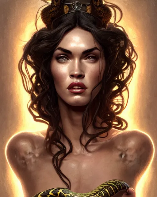 Prompt: portrait of megan fox as medusa gorgo, many snake hair, serpent hair, greek mythology, intricate, headshot, highly detailed, digital painting, artstation, concept art, sharp focus, cinematic lighting, illustration, art by artgerm and greg rutkowski, alphonse mucha, cgsociety