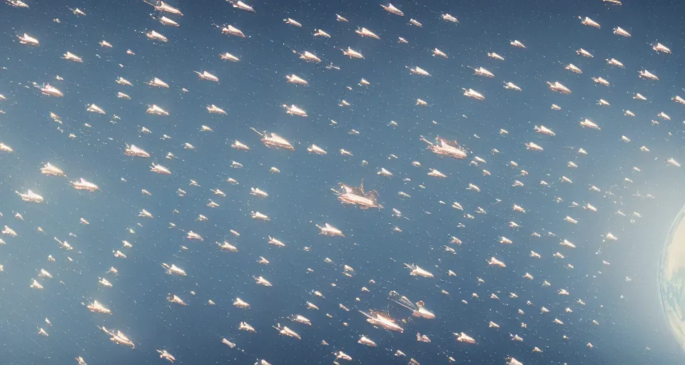 Prompt: hundreds of passenger spaceships in formation migrating in outer space, dutch angle from space view, concept art, high detail, intimidating, epic scale ultrawide angle, stunning, epic, great migration, cinematic, Artstation trending, octane render, hyperrealistic, Cryengine 8k UHD