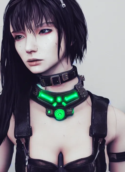 Prompt: detailed realistic female character cyberpunk wearing thick technological collar around neck, realistic, art, beautiful, 4K, collar, choker, collar around neck, punk, artstation, detailed, female, woman, choker, cyberpunk, neon, neon, punk, collar, choker around neck, collar around neck,