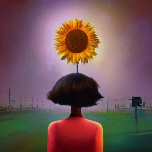 Image similar to closeup, huge daisy flower head, woman in modern city, surreal photography, night light, dark, impressionist painting, digital painting, artstation, simon stalenhag