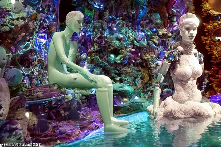 Image similar to robot mermaid sitting in cyber grotto made of porcelain, from 1986, bathed in the glow of a crt television, tv screens in background, low-light photograph, in style of terry richards