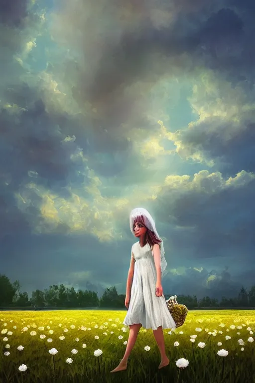 Image similar to giant white daisy flower head, girl with veil walking in a flower field, surreal photography, sunrise, dramatic light, impressionist painting, colorful clouds, digital painting, artstation, simon stalenhag