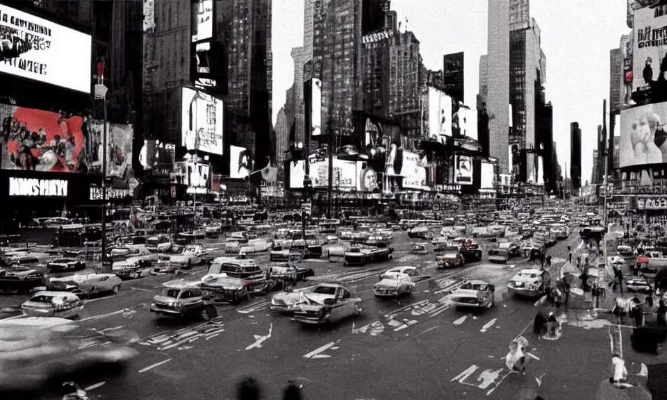 Prompt: A film still from a 1970s movie, new york city, times square, Realism, 4k, 8mm, Grainy, Panavision