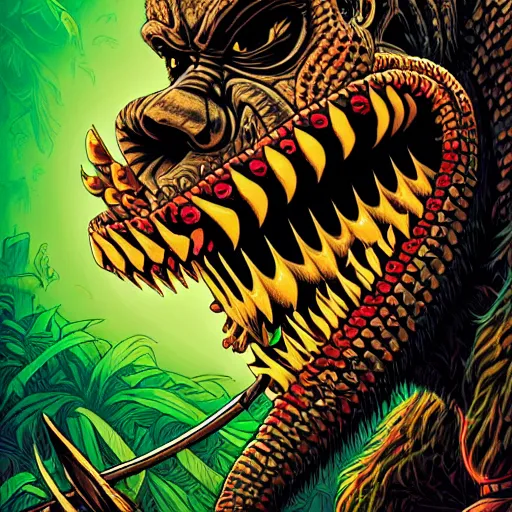 Prompt: side profile of barong family member with dental braces, wiwek, mara demon, one single tribe member, jungle, one single mask, dark, ancient warrior, gorilla, lizard, tribal, inner glow, art by dan mumford and justin gerard