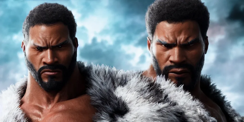 Image similar to a film still of a black man starring in a japanese blockbuster film as bryan fury from tekken, shallow depth of field, cinematic, award winning cgi, vfx, film still