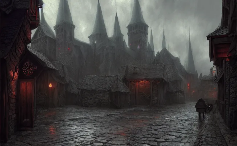 Prompt: epic concept art depicted an old medieval mystic town | art by thornton oakley and darek zabrocki and harvey dunn | dramatic mood, overcast mood, dark fantasy environment | trending on artstation, unreal engine, hyperreal movie shot