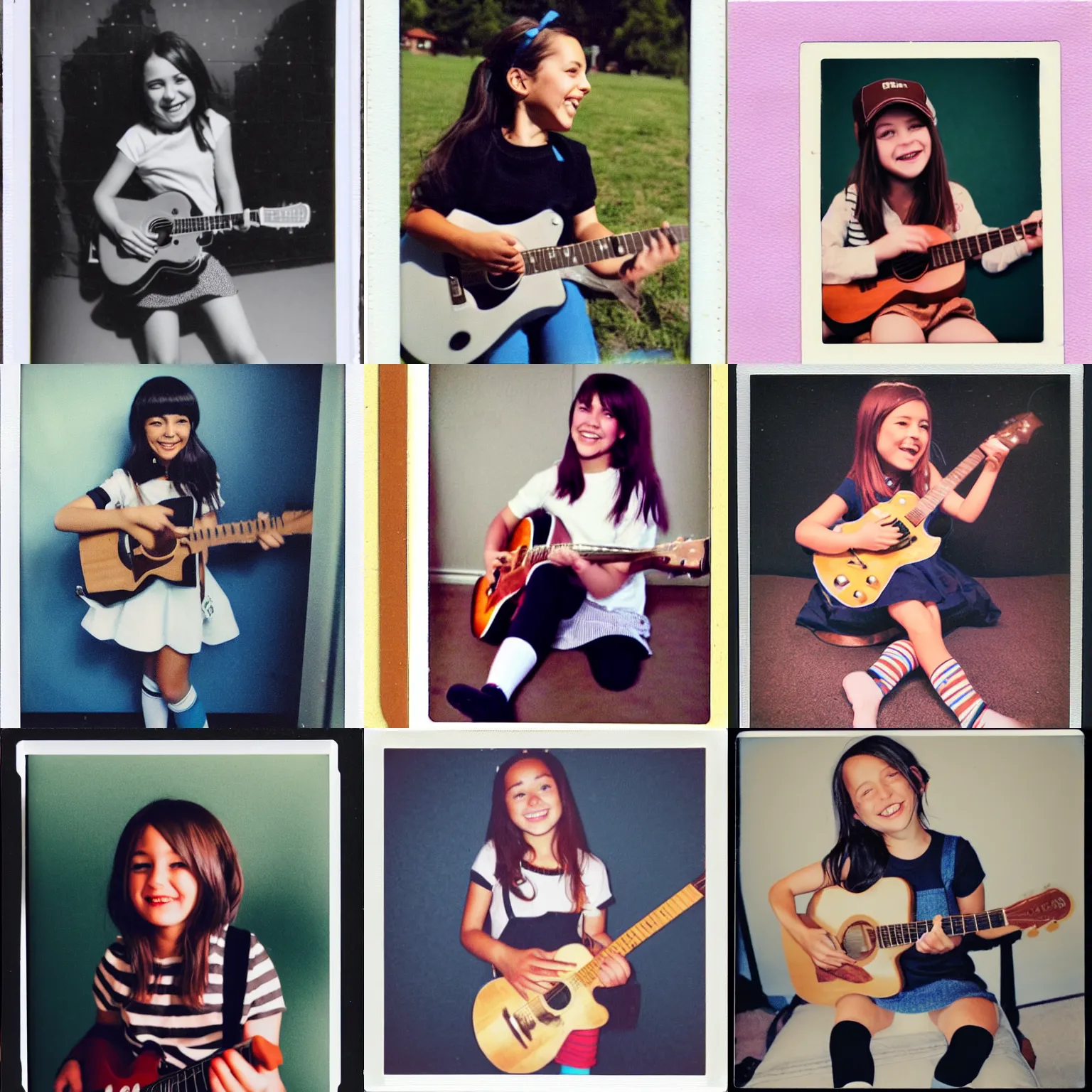 Prompt: short brune girl, high socks, playing guitar, smiling, polaroid photo, highly realistic
