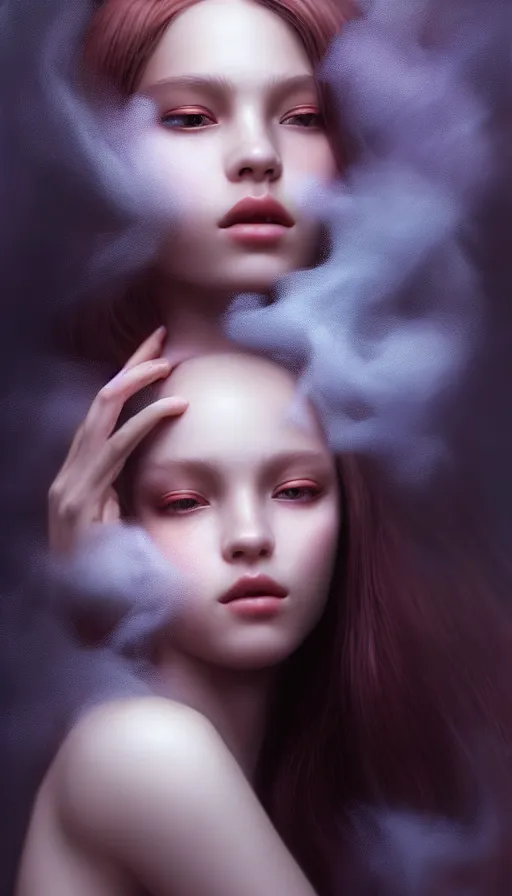 Image similar to inside a soul of a gorgeous young girl , searching for eternity, dark forest in the style of stefan kostic, realistic, sharp focus, 8k high definition, high fashion, vogue, insanely detailed, soft light, colorful smoke, intricate, elegant, art by stanley lau and artgerm, sigma 85mm art