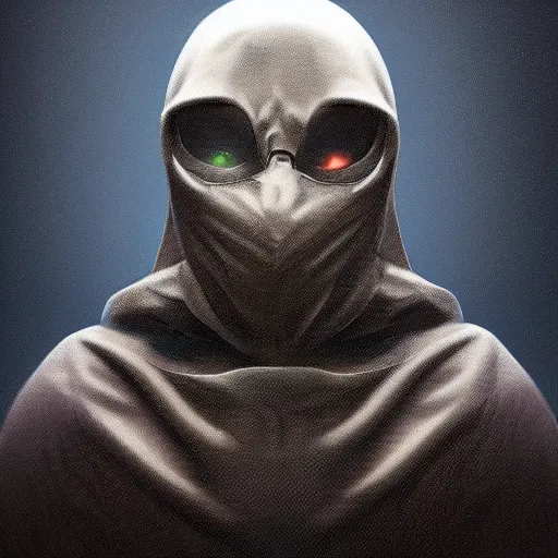 Image similar to award - winning. trending on artstation. 4 k. eerie tone. a mouthless shadowy figure wearing a hooded cape made of the night sky with 1 5 dark blue glowing eyes on its face and rows of teeth on its chest. full - body. portrait.