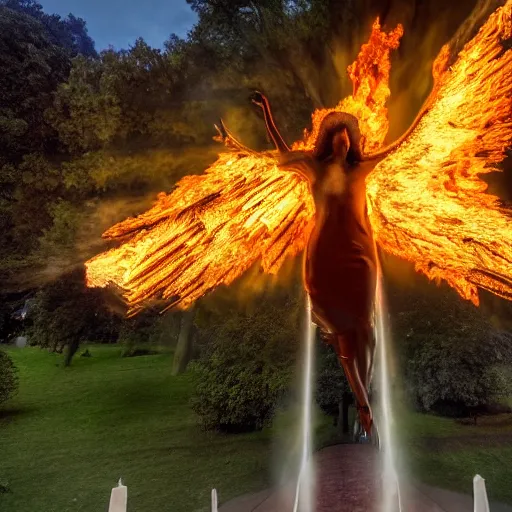 Prompt: photograph photo of a horrific, bright, shining holy angel descending upon a city park. the park is on fire. the crowd of people is on fire, screaming.