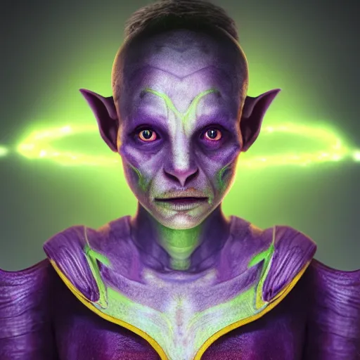 Prompt: A professional digital portrait painting of a young adult female goblin with (skin that looks like fire), dressed in light armor, 4k, digital art, trending on cgsociety, highly detailed, paint by Wes Anderson, head and shoulders shot, shallow depth of field, purple and yellow lighting, professional lighting, airbrush, Hayao Miyazaki