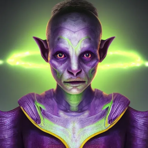 Image similar to A professional digital portrait painting of a young adult female goblin with (skin that looks like fire), dressed in light armor, 4k, digital art, trending on cgsociety, highly detailed, paint by Wes Anderson, head and shoulders shot, shallow depth of field, purple and yellow lighting, professional lighting, airbrush, Hayao Miyazaki