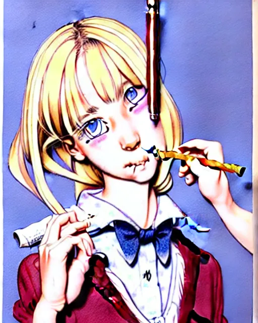 Image similar to depicting a young mischievous female prep school student with medium length bright blonde hair and pale skin, in an old study room smoking her dad's cigarettes, complex artistic color ink pen sketch illustration, subtle detailing, illustrated by Artgerm and Range Murata.