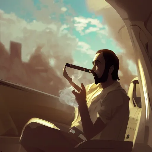 Image similar to saudi arab man smoking inside a car, anime digital art in the style of greg rutkowski and craig mullins, 4 k