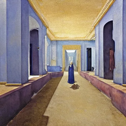 Image similar to procession in a blue and gold haunted liminal abandoned temple, watercolor by gottfried helnwein, by hammershøi, art noveau, highly detailed, lights by edward hopper, liminal, eerie, bright pastel colors