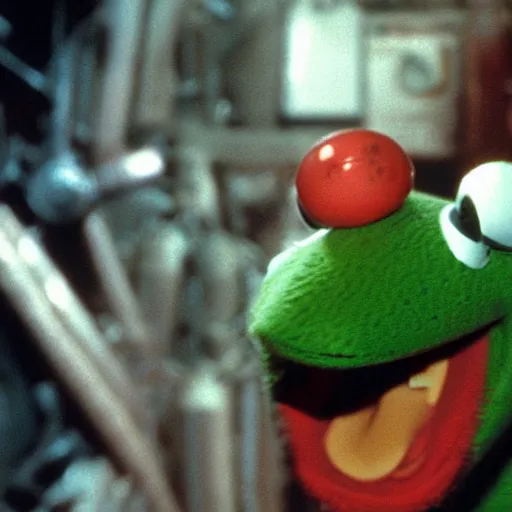 Image similar to Kermit the frog in Aliens (1986), highly detailed, high quality, HD, 4k, 8k, Canon 300mm, professional photographer, 40mp, lifelike, top-rated, award winning, realistic, sharp, no blur, edited, corrected, trending