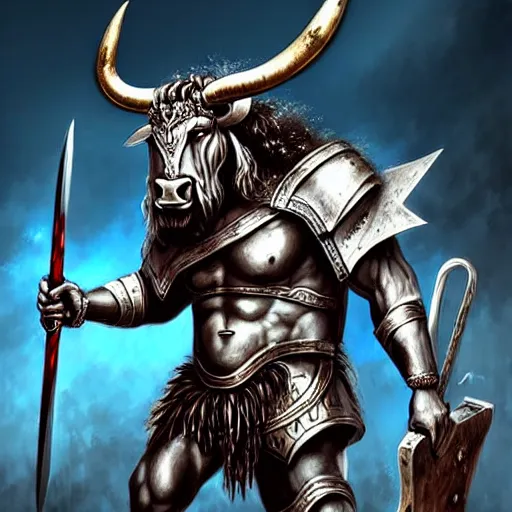 Image similar to epic bull headed minotaur beast in heavy armor made of silver and wielding giant axe, artwork, vivid colors, concept art, greek mythology, detailed, modern design, dark fantasy, digital painting, artstation, d&d