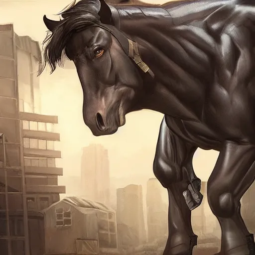 Prompt: a massive musclebound dark male anthro horse wearing a leather kevlar outfit protecting a facility, gargantuan muscles, buff, exaggerated physique, equine, highly detailed, digital painting, artstation, sharp focus, game art, concept art, illustration, art by artgerm, greg rutkowski, wlop