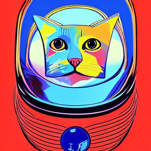 Prompt: bright vibrant saturated portrait, symmetrical reflection, symmetric cat in space helmet by Eli Mendelson and Jenn Martin james gurney artstation trending artist in the style of studio Ghibli and 1960s americana Comics, HQ 8k scan